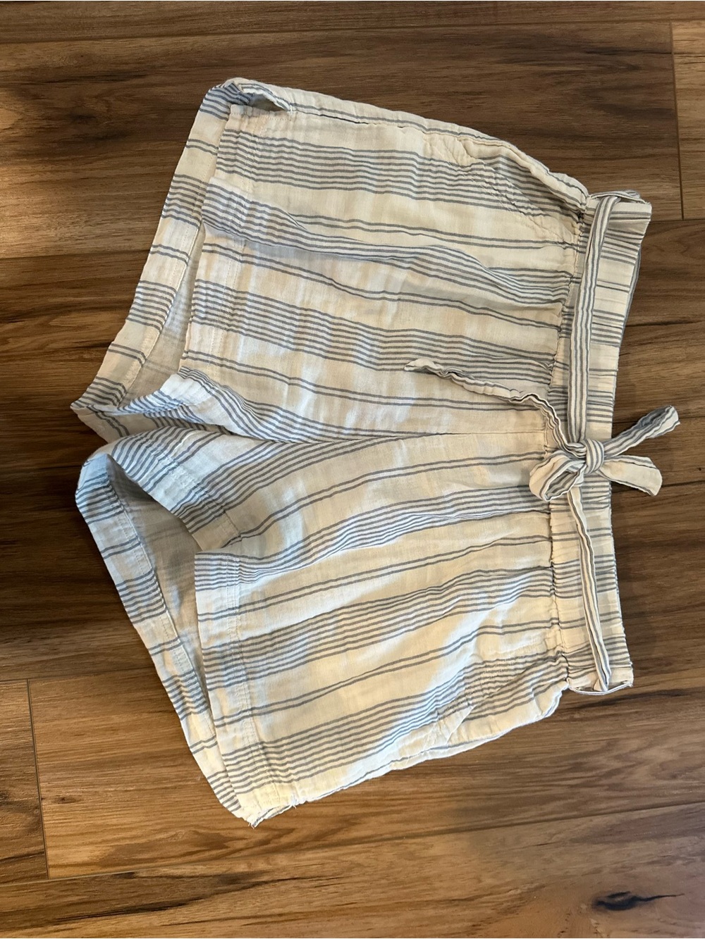 Pact Cream & Light Blue Striped High-Waist Tie Shorts